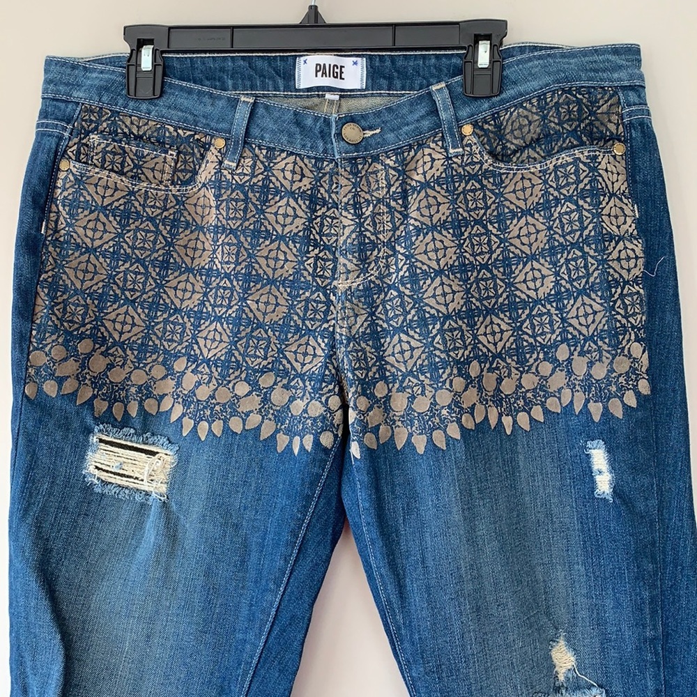 Paige Jimmy Jimmy Skinny jeans 5 pocket velvet design on front distressed sz 32